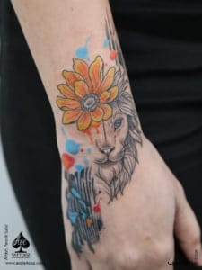 Lion with Flower Cover Up Tattoo