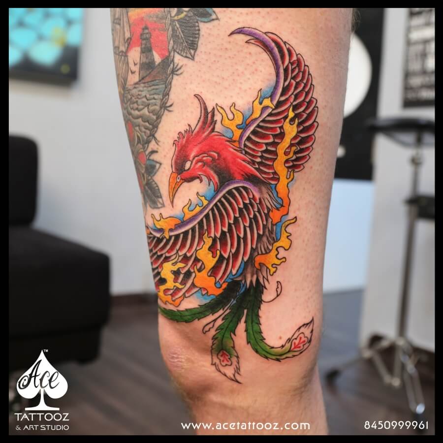 phoenix tattoo male leg - Ace Tattooz