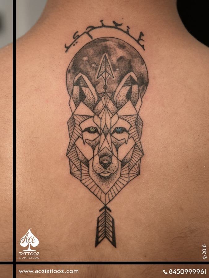 Geometric Wolf with Arrow and Moon Tattoo - Ace Tattooz