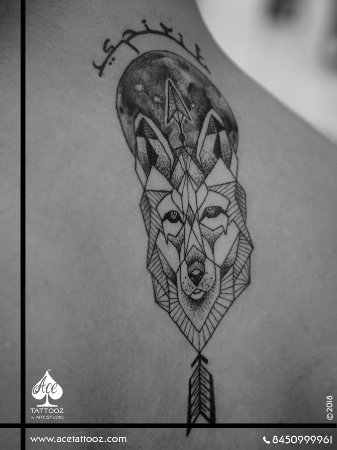Geometric Wolf with Arrow and Moon Tattoo - Ace Tattooz
