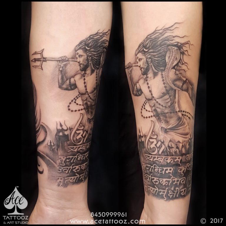 Lord Shiva with Maha Mrityunjaya Mantra Tattoo - Ace Tattoo