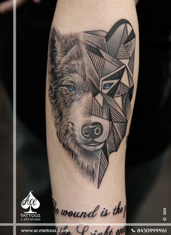 Wolf Realistic Geometrical Bets Leg Tattoo Designs Ever
