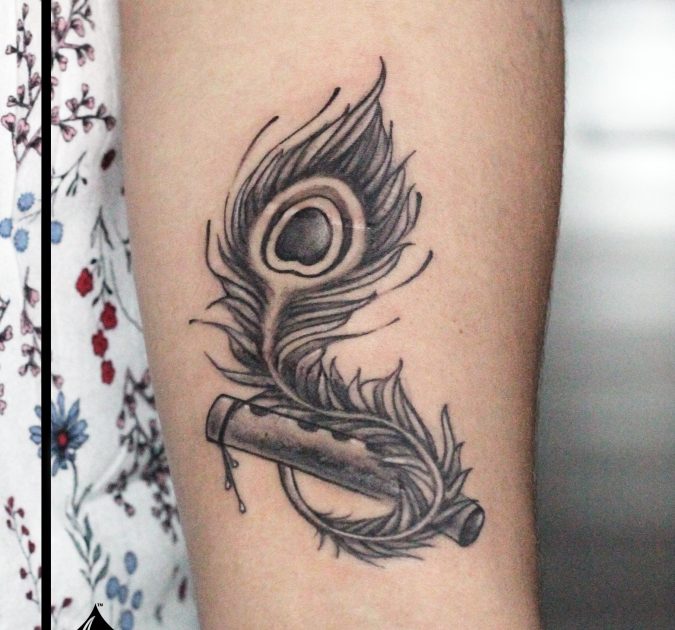 Black & White Peacock Tattoo on Calf - Ace Tattooz
