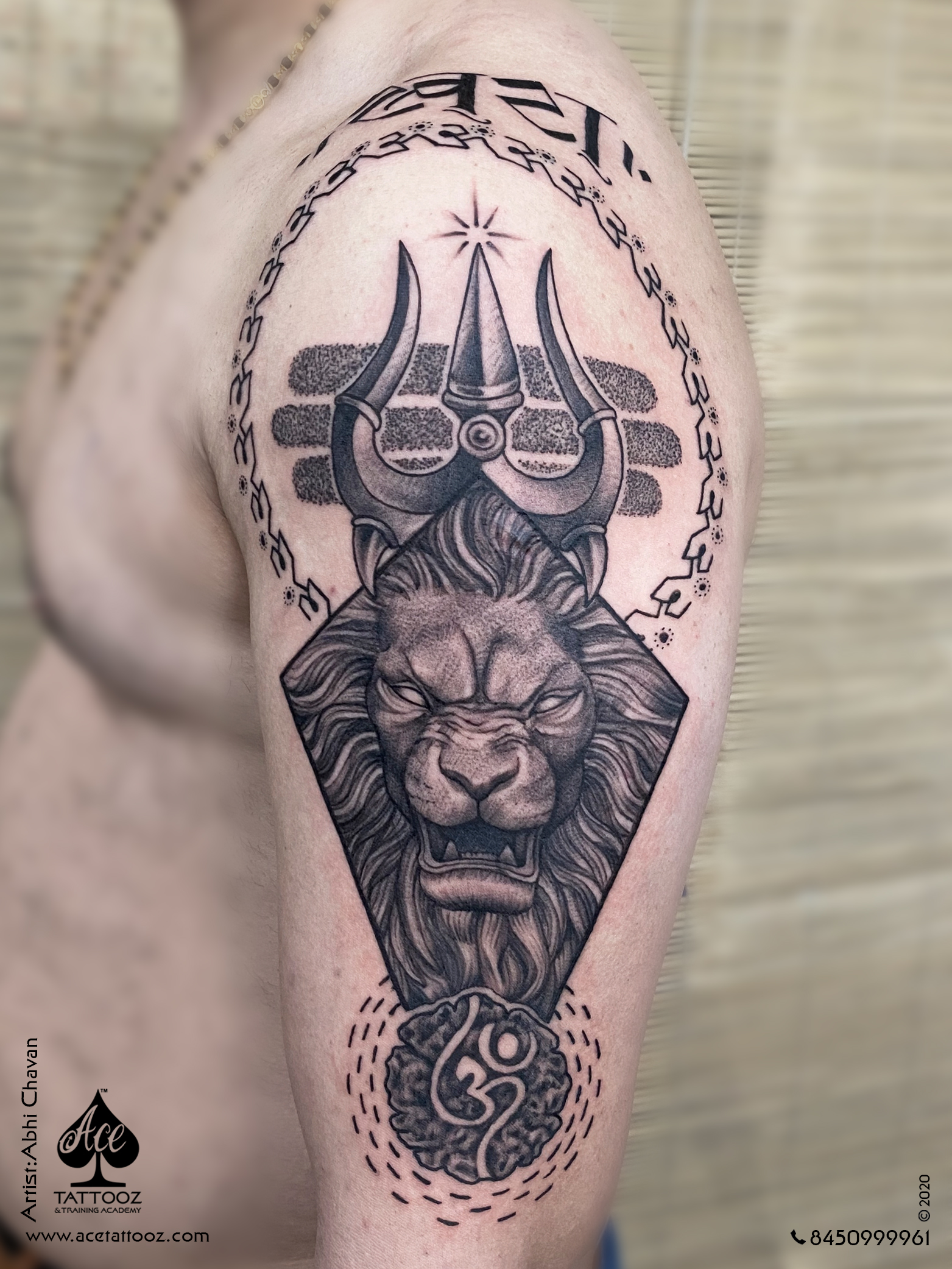 Black & White Lion & Shiva Tattoo - Ace Tattooz
