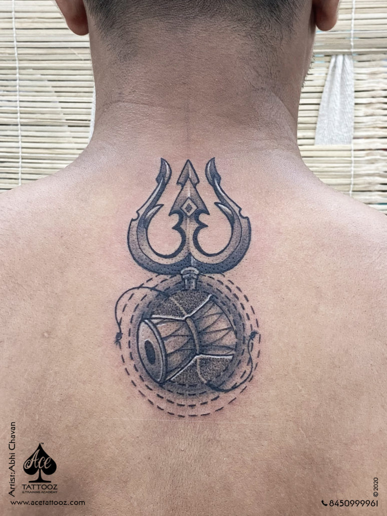 Black  Grey Shiva Trishul Tattoo On Back By R Tattoo Studio