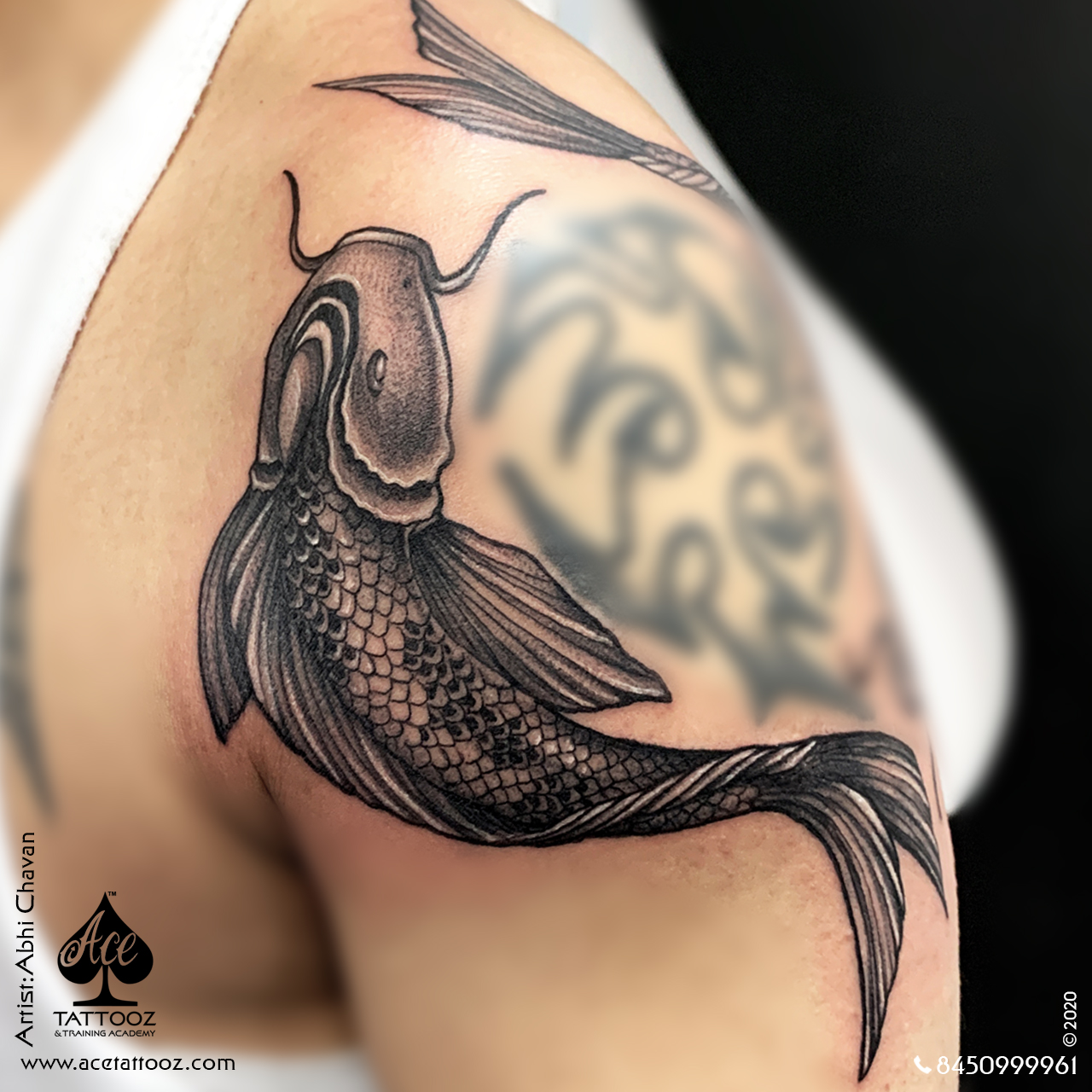 Asian Traditional Lotus Flower  Koi Fish shoulder to chest tattoo   Golden Iron Tattoo Studio DownTown Toronto