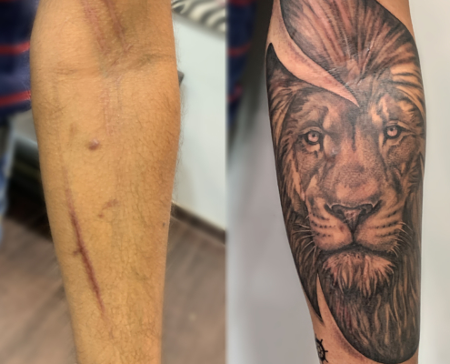 Lion Cover Up Realistic Tattoo