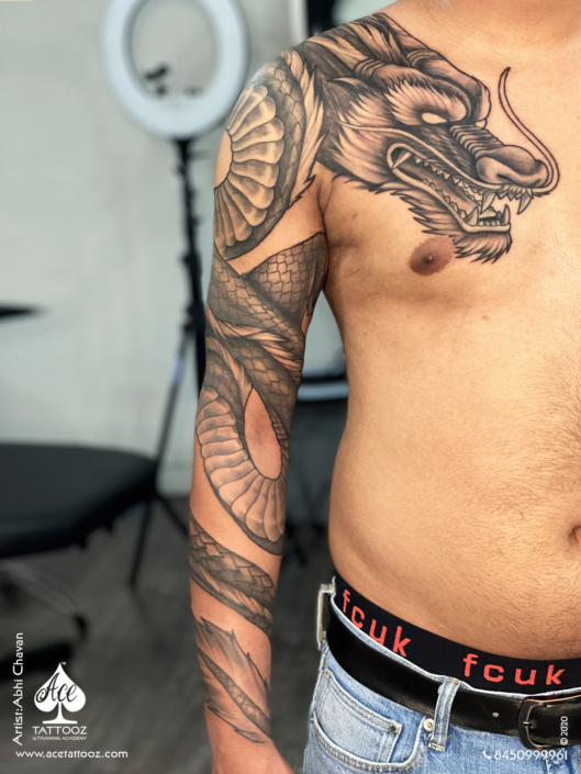 Tribal Dragon Tattoo on Chest