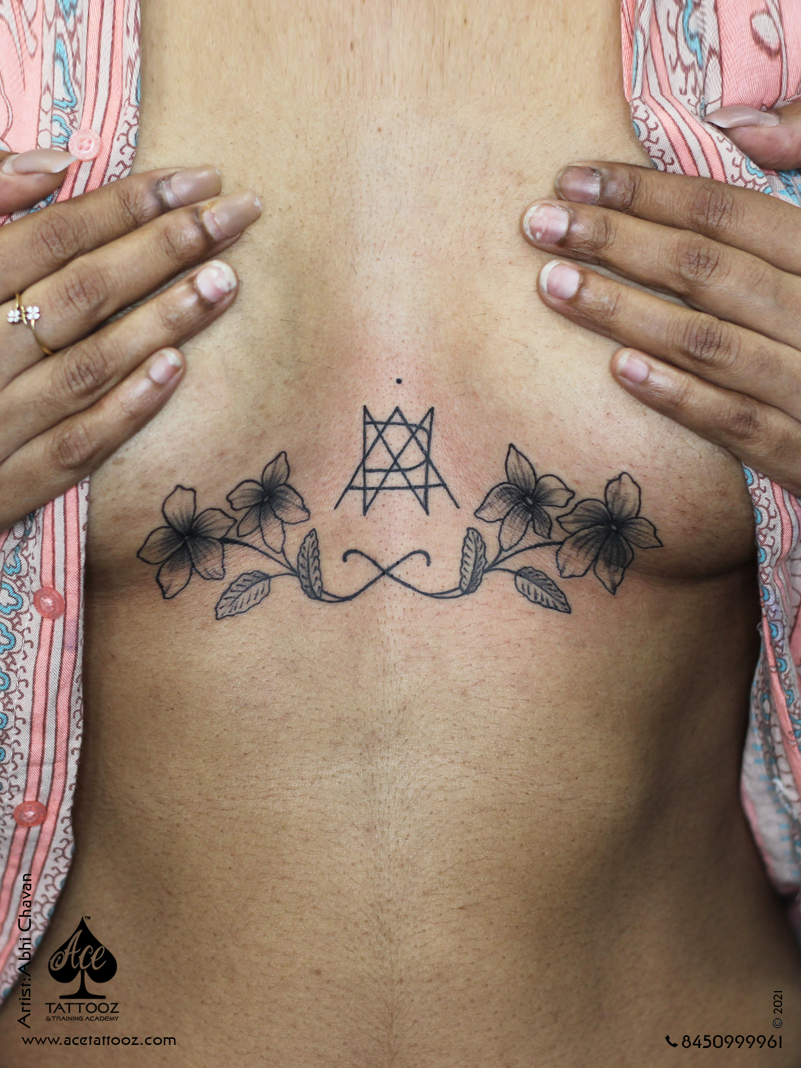 Floral Sternum Tattoo for Women - Ace Tattooz