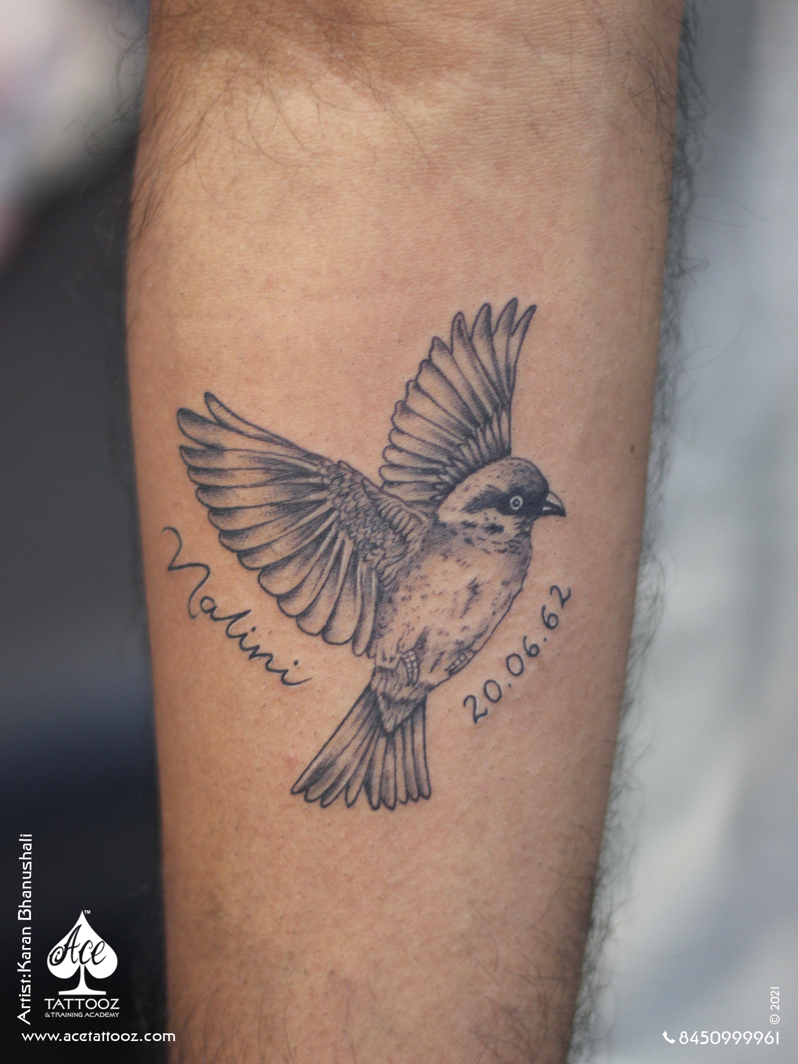 Sparrow Tattoo on Arm - Ace Tattooz