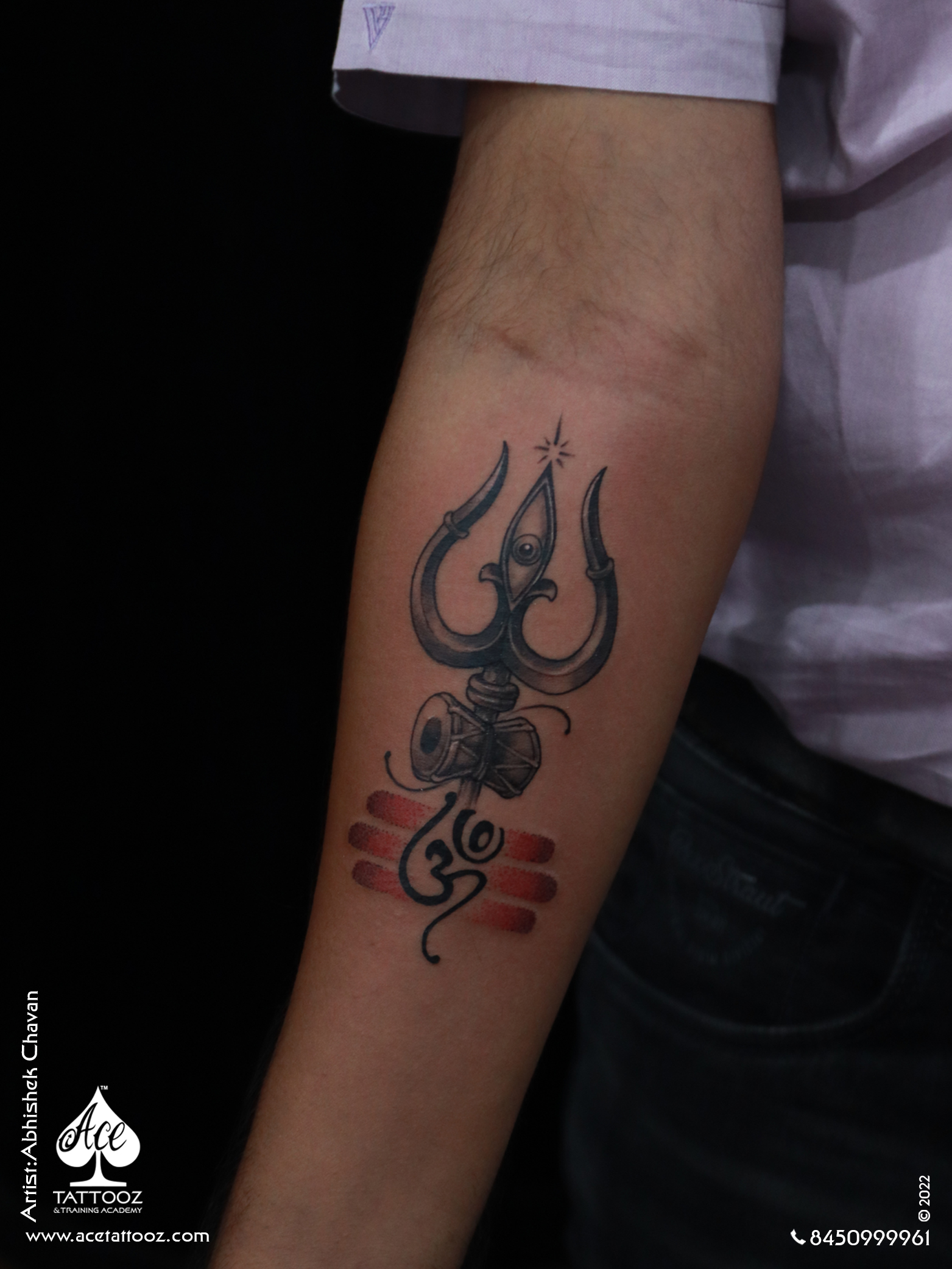 Trishul and Om Black and White Tattoo - Ace Tattooz