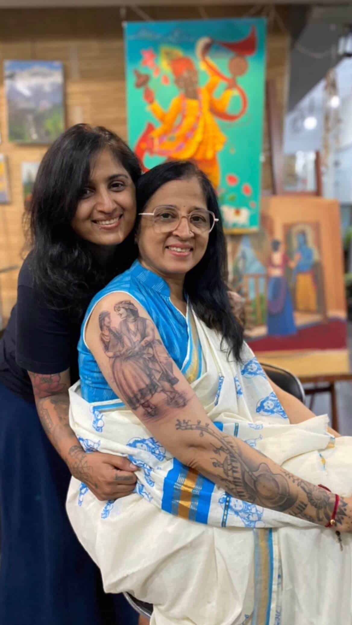 Radha Krishna the eternal love story. And what a beautiful moment to do it on your mom who is as big fan of Radha Krishna as you are. And Happy Navratri to everyone of you....Done by: @archana_acetattooz .#navratri #navratri2022 #krishnatattoo #radhakrishna #acetattooz #trendingreels #fypシ #explorepage✨ #mumbai