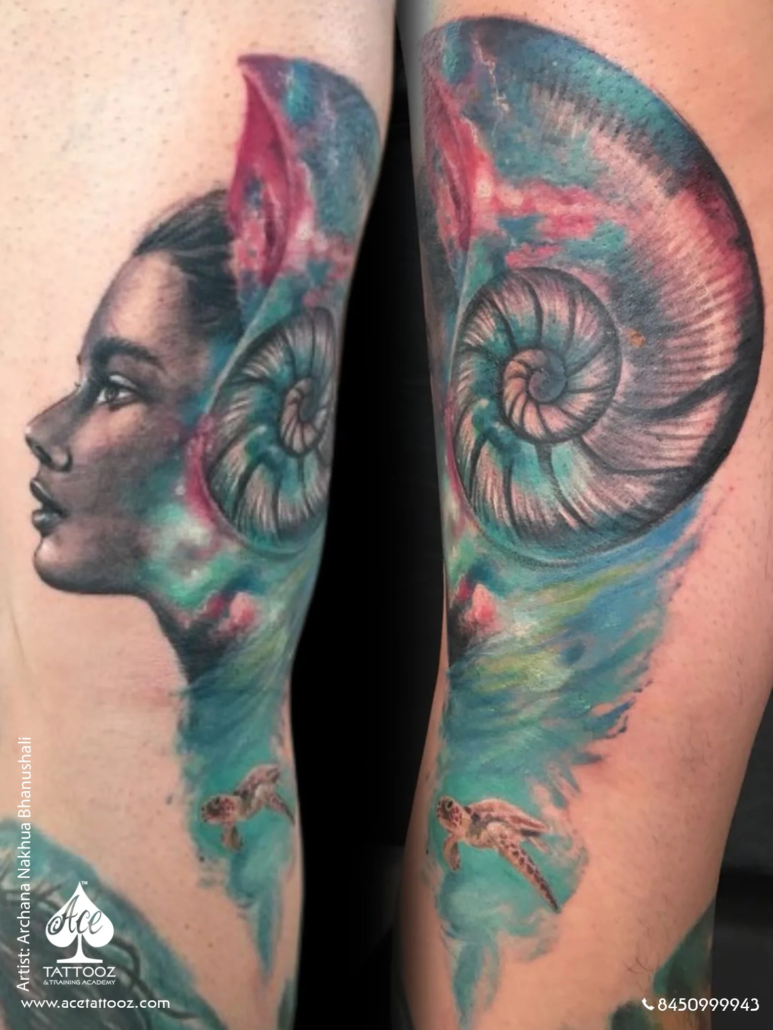 Girl with a Shell Head Colour Tattoo