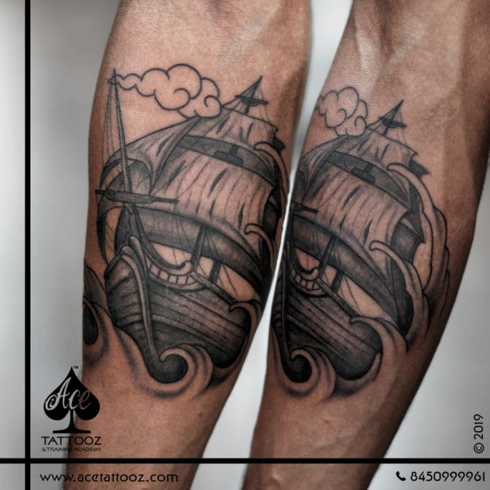 Black-and-Grey-Ship-Tattoo-against-Waves-705×705