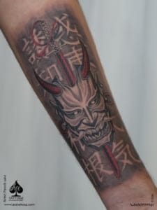 Black and White Oni Mask Tattoo