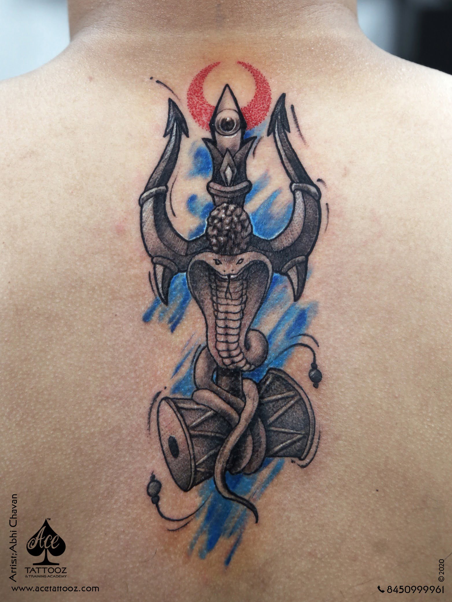 Colourful Trishul Damroo-God-Tattoo