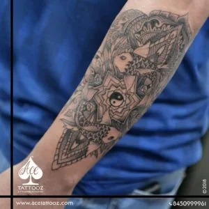 <div class="comment more">Customized Mandala tattoo design with meaningful elements: a Fish, an Elephant, and a Ying Yang. Mandala designs are symbolic of the spiritual self and are believed they lead to greater awareness of life and spirit. When designed with a Fish which is known to bring fortune and knowledge, Elephant which symbolizes power, strength, dignity, and longevity and to provide the balance to the whole design there is Ying Yang representing opposing forces found in all things in the universe, which depicts necessity of balance in all things.</div>
