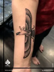 <div class="comment more">The Faravahar symbolizes good thoughts, good words, and good deeds, which are the basic tenets and principles of Zoroastrianism. The image contains a disc with wings representing a sun with wings, as well a human torso to represent humanity itself. the symbol depicts Ashur, the Assyrian god of war, representing the eternal war between good and evil, but the feathered robe gives the impression that he is also a guardian angel, watching over all, and aiding the fight for good. Farvahar Tattoo done by our Artist Chetan Rathod</div>
