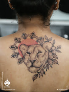 Floral Lioness Dotwork Tattoo