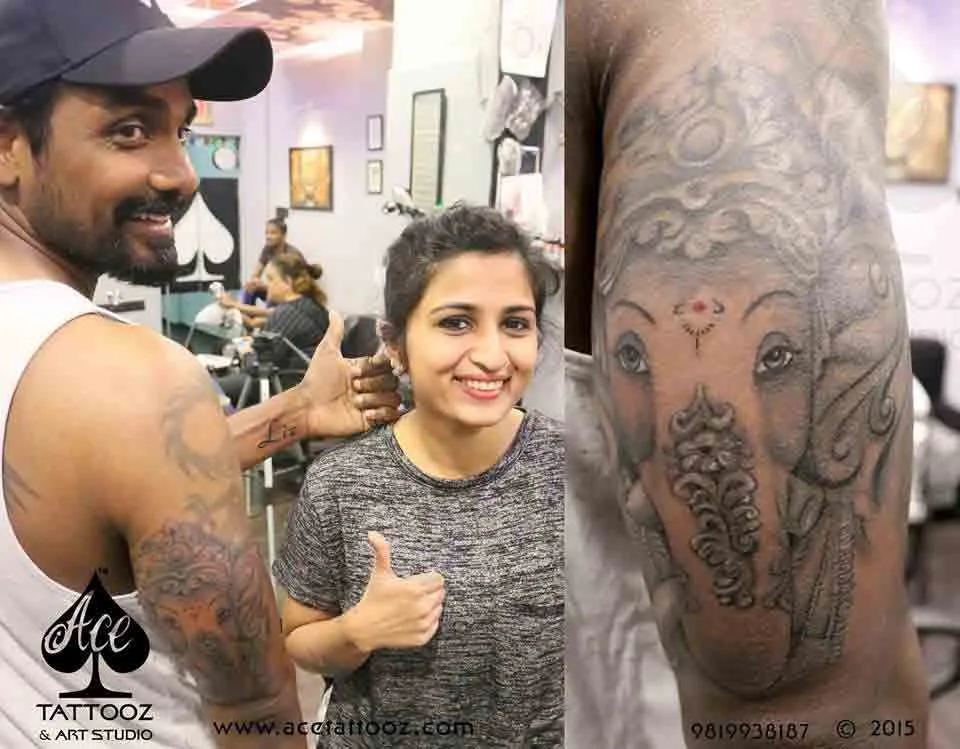 <div class="comment more">This piece of art for the most humble and extremely talented artist , dancer, choreographer , director and the most grounded person ever met seen and idealised , an inspiration to everyone what so ever. This is a small part of the sleeve we gonna do for him, so we start it with shree Ganesh (his favourite), also covered some part of his old tattoo , sleeve coming up soon , thanks for watching . — feeling crazy with Roshan More and Bhavika Bhadra. This is one of our best Ganesh tattoo designs. </div>