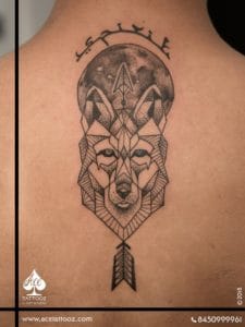 Geometric Wolf with Arrow & Moon Black and White Tattoo Designs