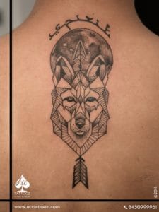 Geometric Wolf with Arrow and Moon Tattoo