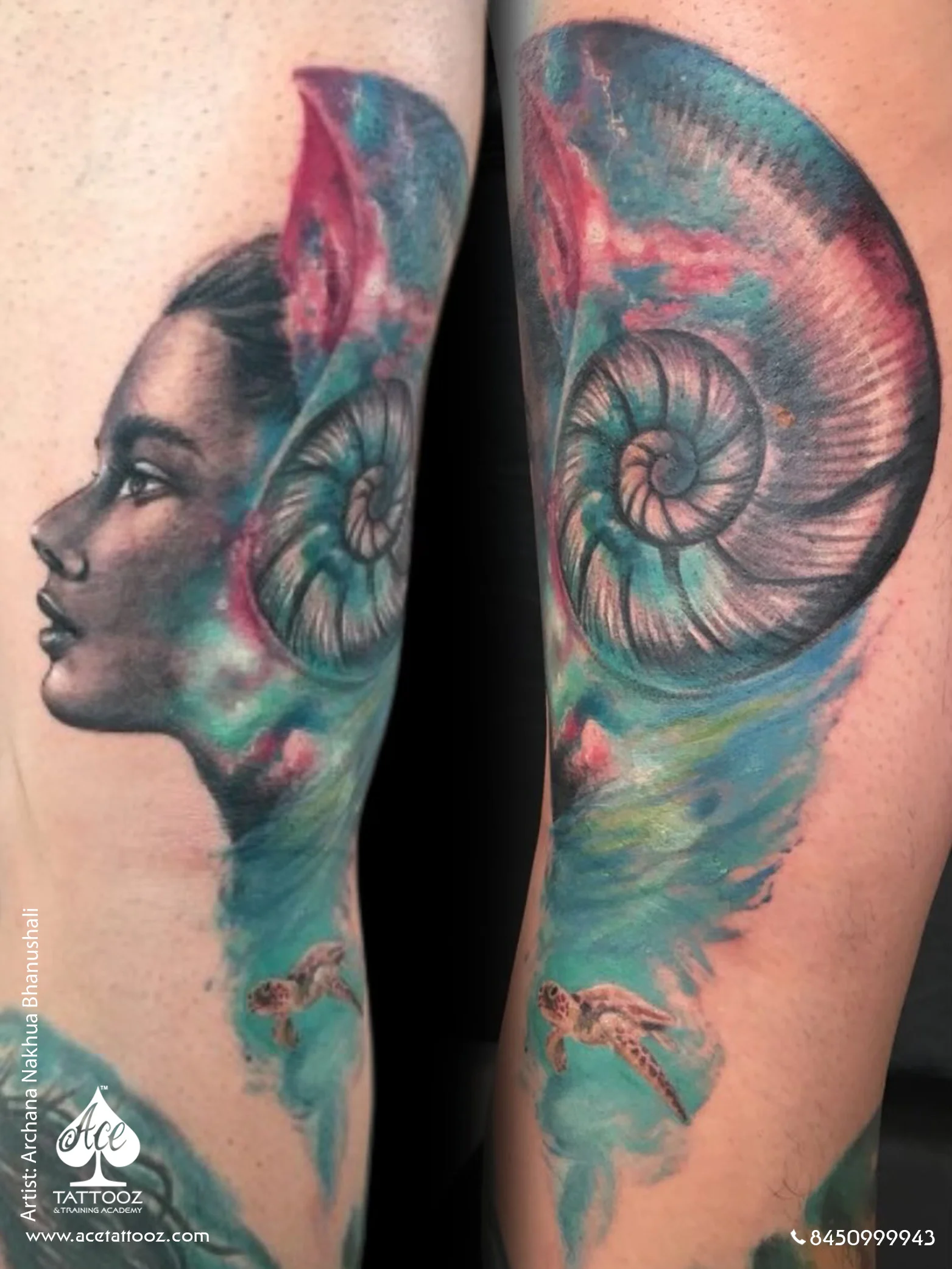 Girl with a Shell Head Colour Tattoo