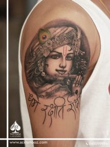 Krishna tattoo represents the love and devotion towards him. The quote Dharma Rakshit Rakshita works as a reminder that dharma protects the ones who protect or uphold dharma. It also signifies that when you follow your Dharma in your life, it will always protect you from negative consequences