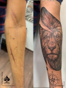 Lion Cover Up Black & White Tattoo