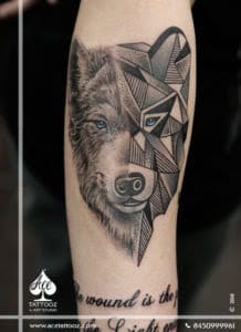 A Wolf tattoo with half Realistic and half Geometrical design, wolves are viewed as an animal or spirit sent to help guide us through life, symbolizing perseverance. Wolf tattoo design symbolizes a strong connection with instincts which imparts high intelligence and loyalty.