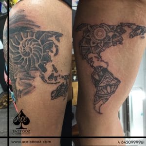 Making your love for traveling the world in a tattoo of a world map. A beautiful reminder of why traveling the world can give your soul the right perspective and experience.