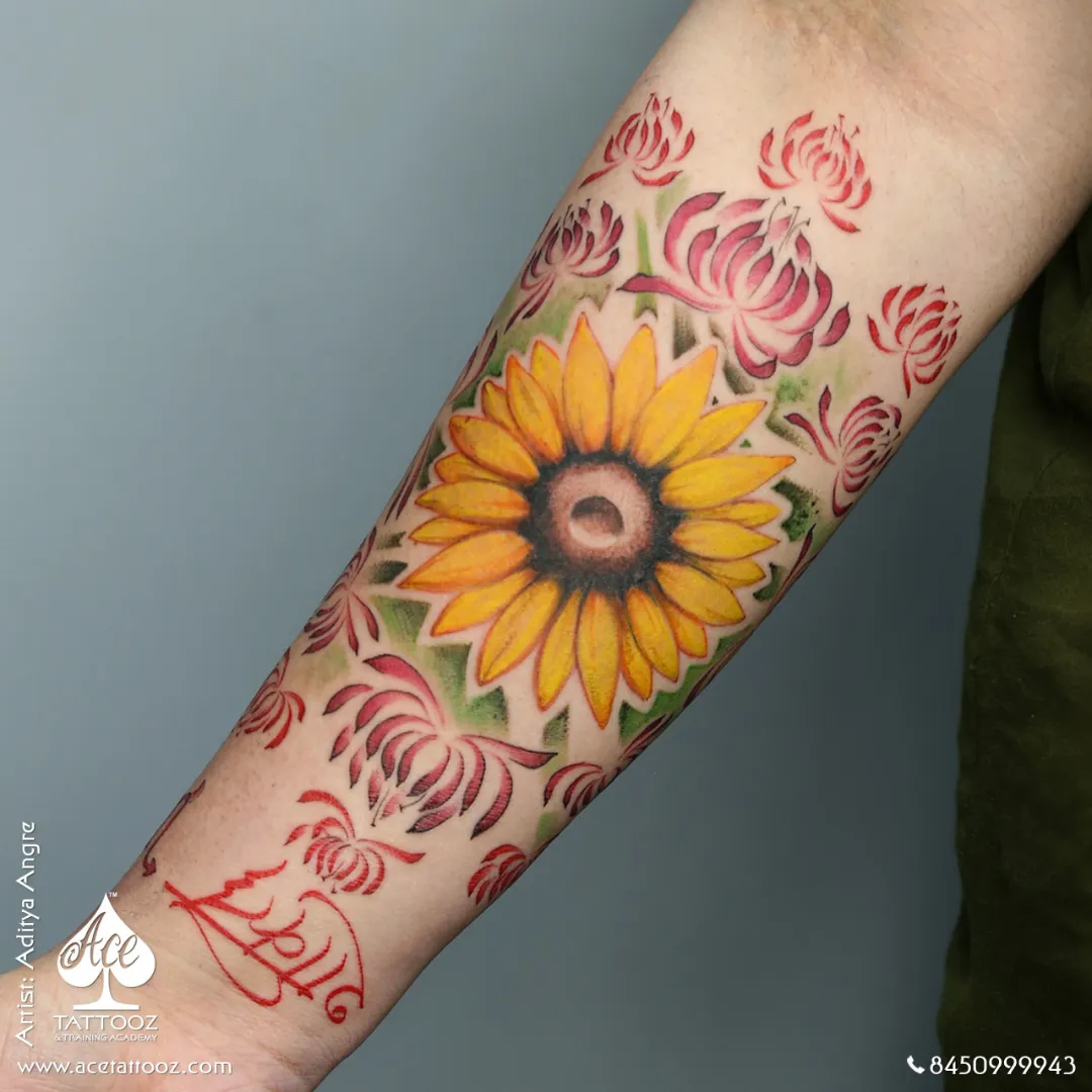 colour sunflower floral sleeve tattoo mumbai – ace tattooz