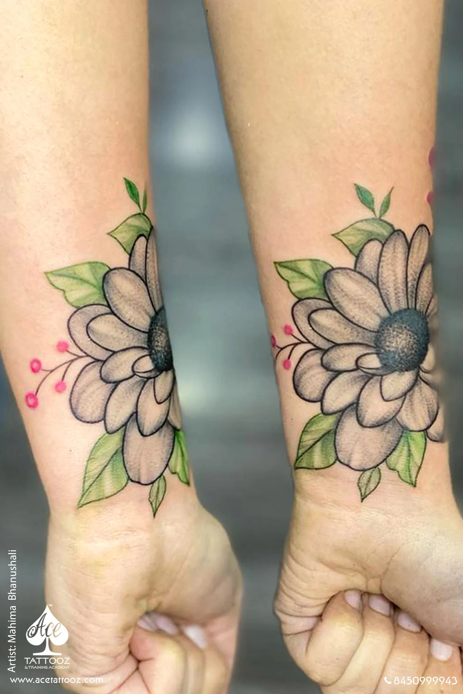 matching daisy flower tattoo on both wrists – ace tattooz mumbai – flower coverup