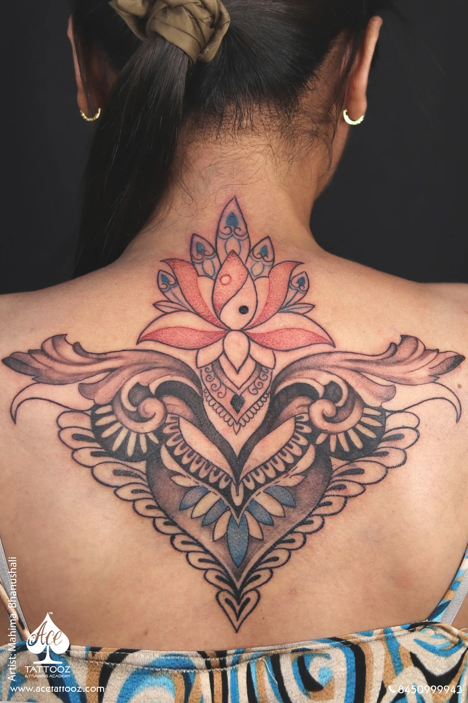 ornamental lotus back tattoo with mandala wings ace tattooz – female back tattoo