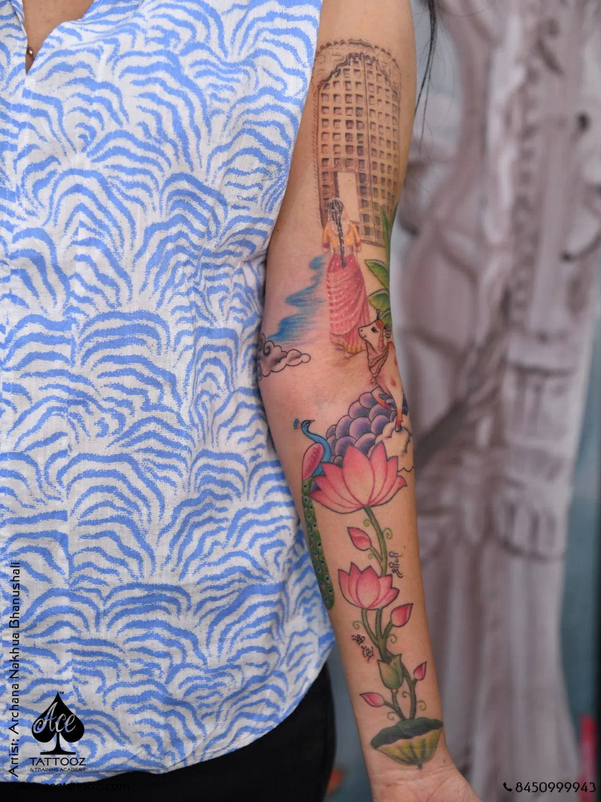 peacock and lotus colour tattoo forearm ace tattooz Mumbai