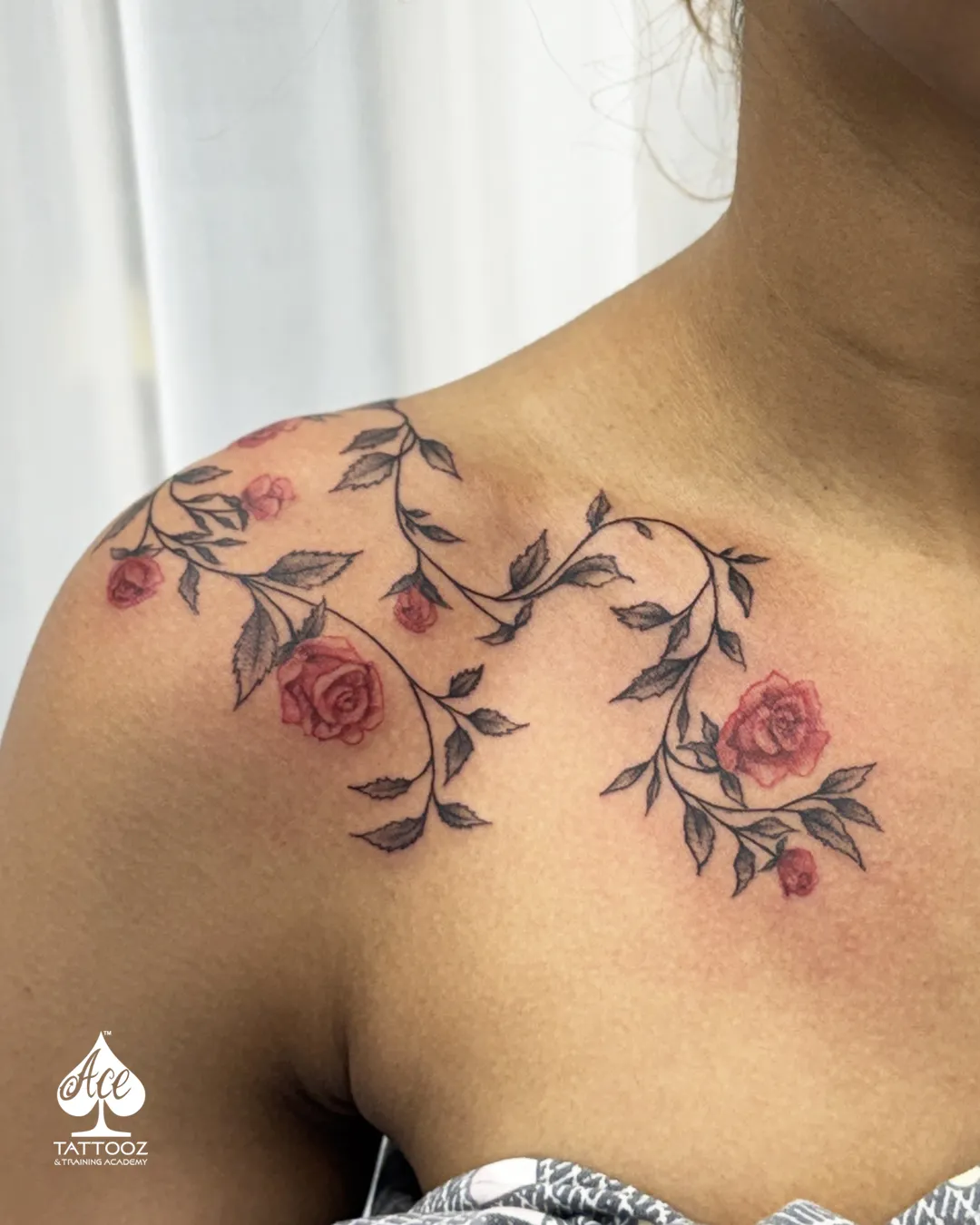 rose collarbone vine tattoo fine line ace tattooz Mumbai