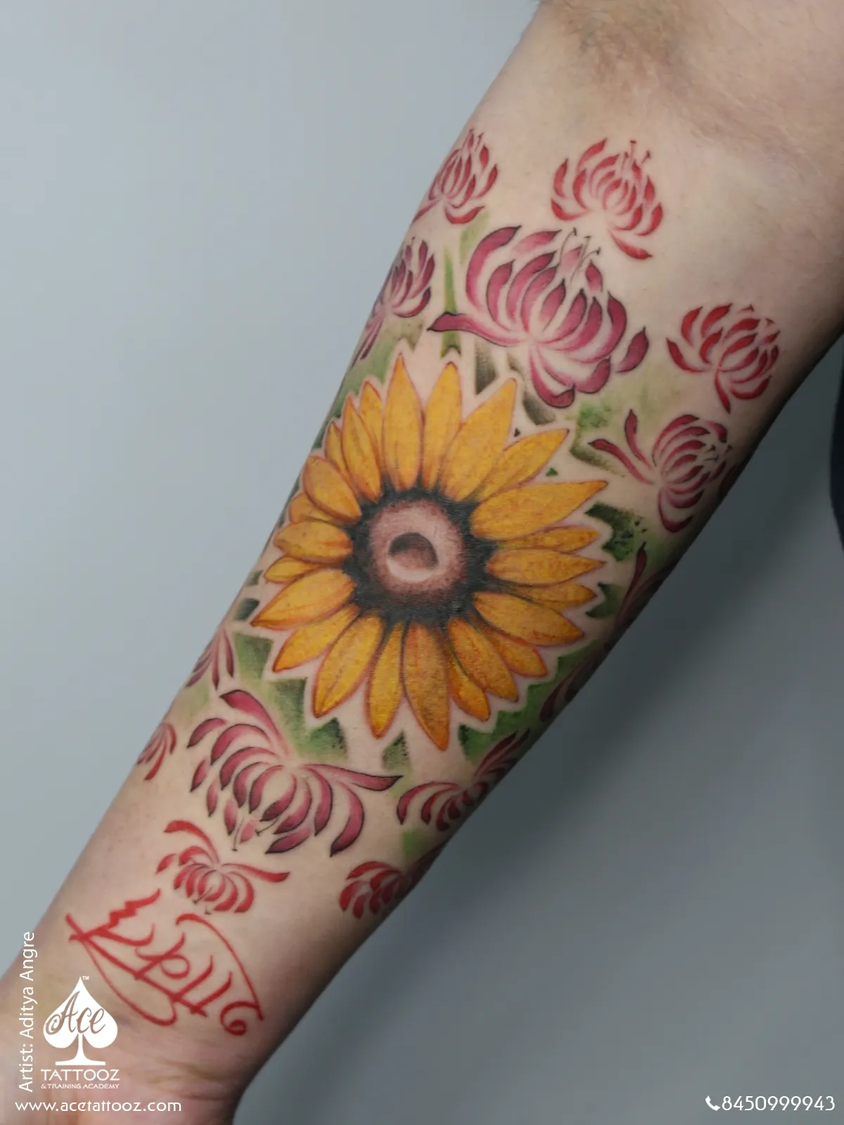 sunflower forearm sleeve tattoo close up- ace tattooz -aditya angre