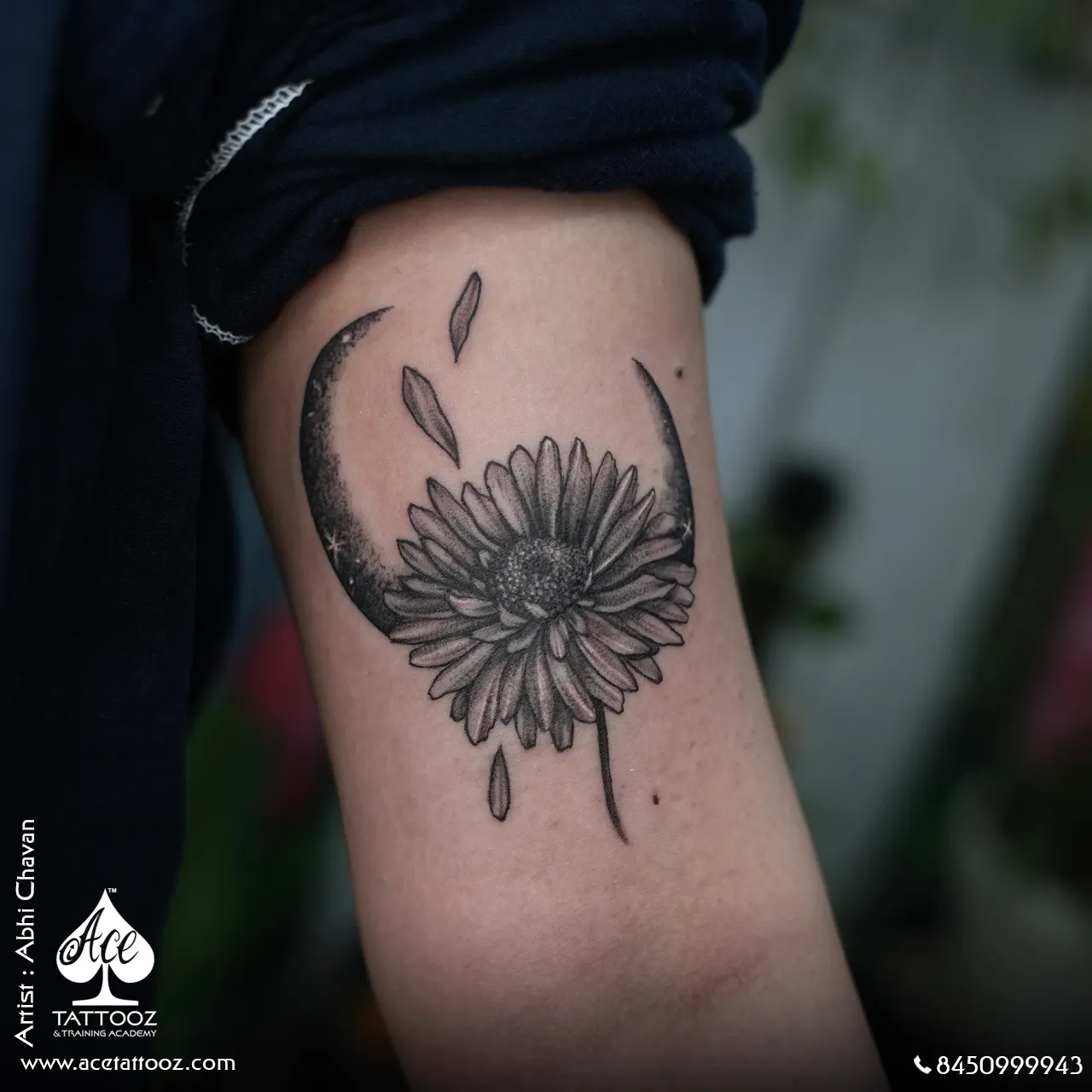 sunflower moon tattoo – fine line daisy moon arm tattoo ace tattooz mumbai