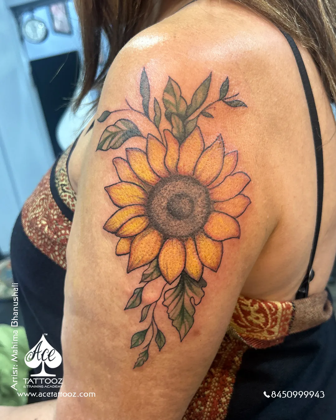 sunflower shoulder tattoo colour ace tattooz mumbai