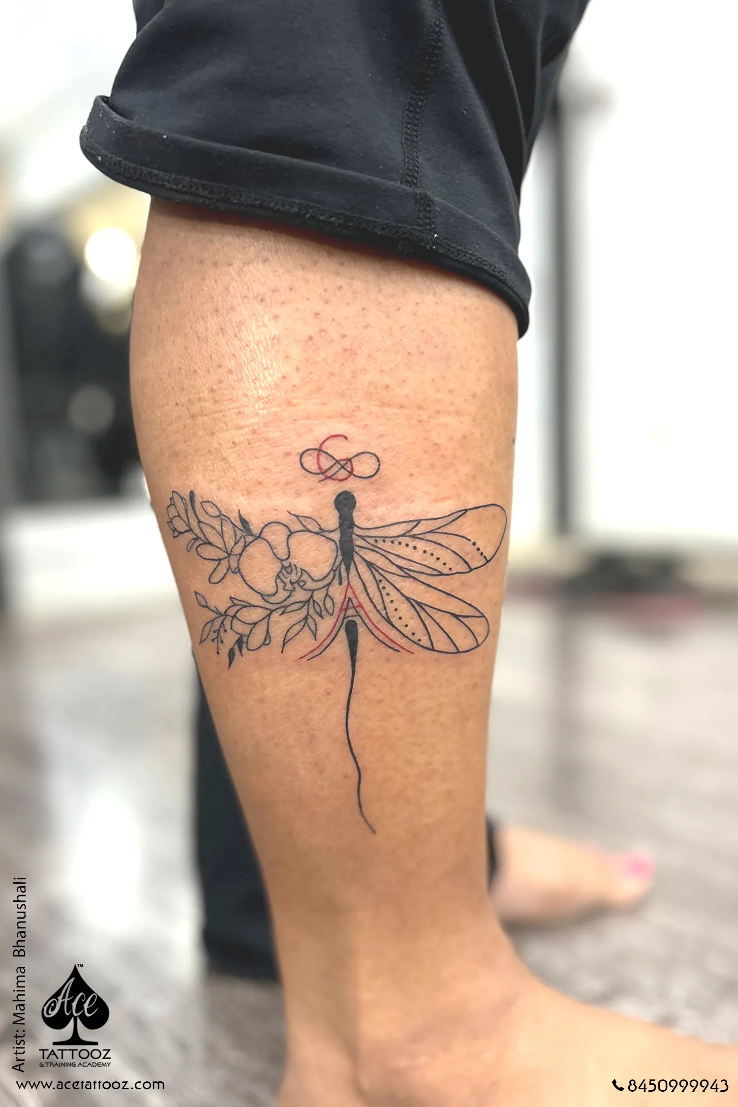 tattoo on calf – dragonfly flower – dragonfly floral calf tattoo fine line ace tattooz