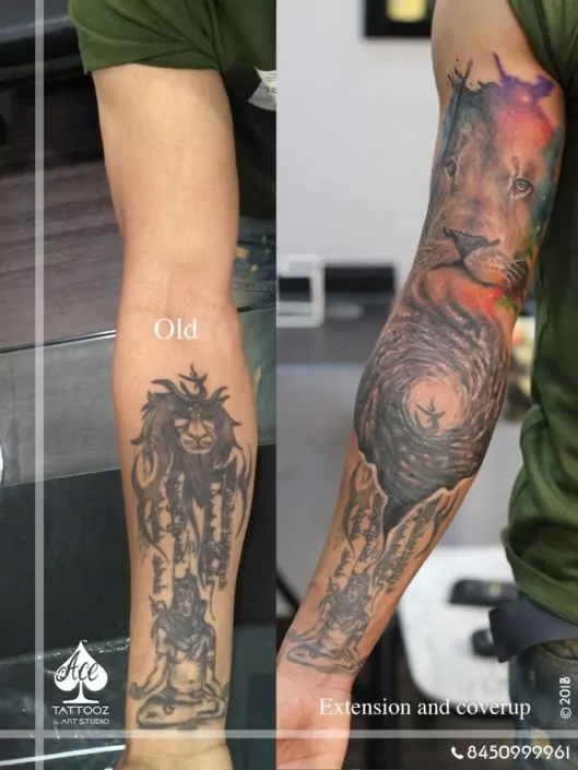 Lion Watercolour Splash Cover Up Tattoo Designs