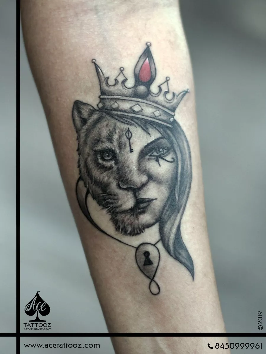 Micro-realistic lioness portrait tattoo done on the